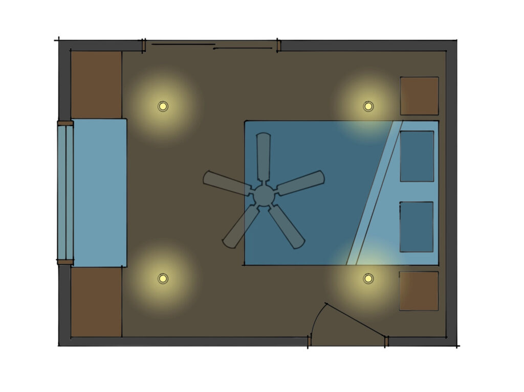 A floor plan of a bedroom with four lights near each corner of the room