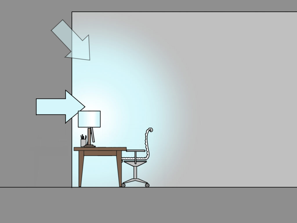 An illustration of an office desk & chair with a a lamp next to the computer on the desk