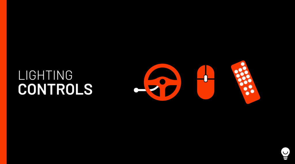 A graphic that says "lighting controls" with icons for a steering wheel, computer mouse, and television remote control