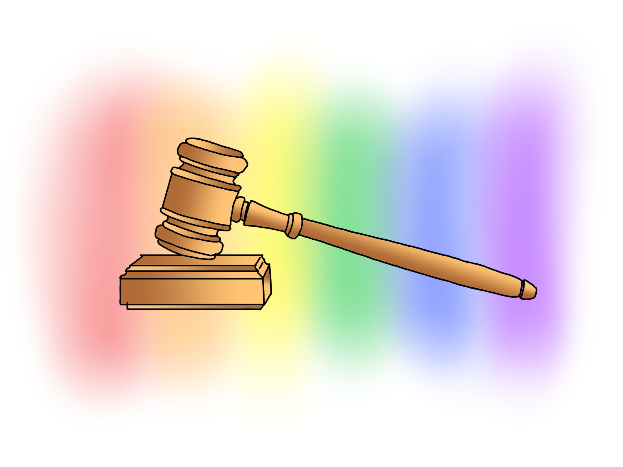 An illustration of a judge's gavel in front of a rainbow