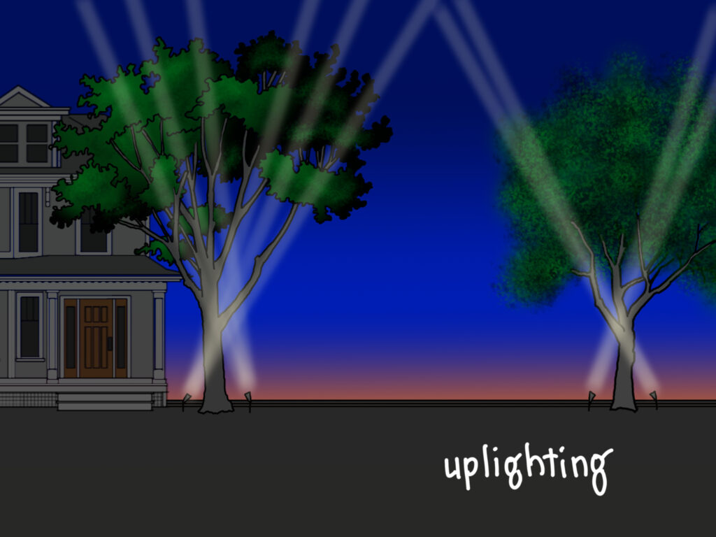An illustration of the yard of a house at dusk with searchlight style uplights in front of the two trees in the yard