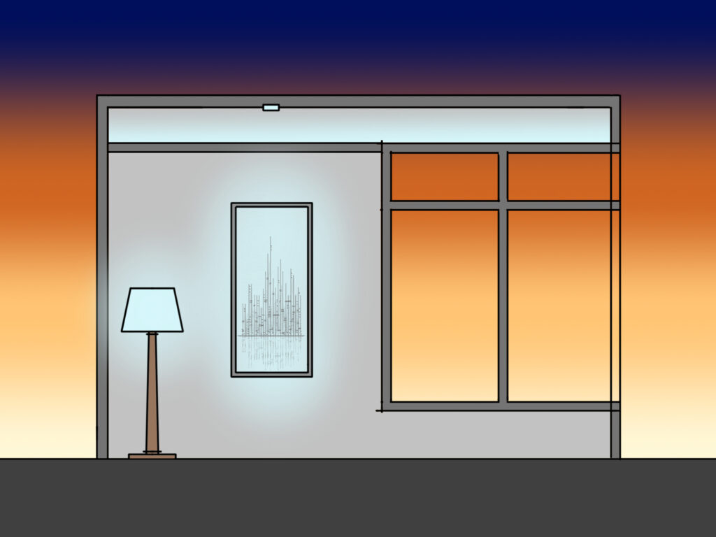 A home interior wall used to illustrate the contrast of blue light against the yellows and reds of a sky at sunset/sunrise