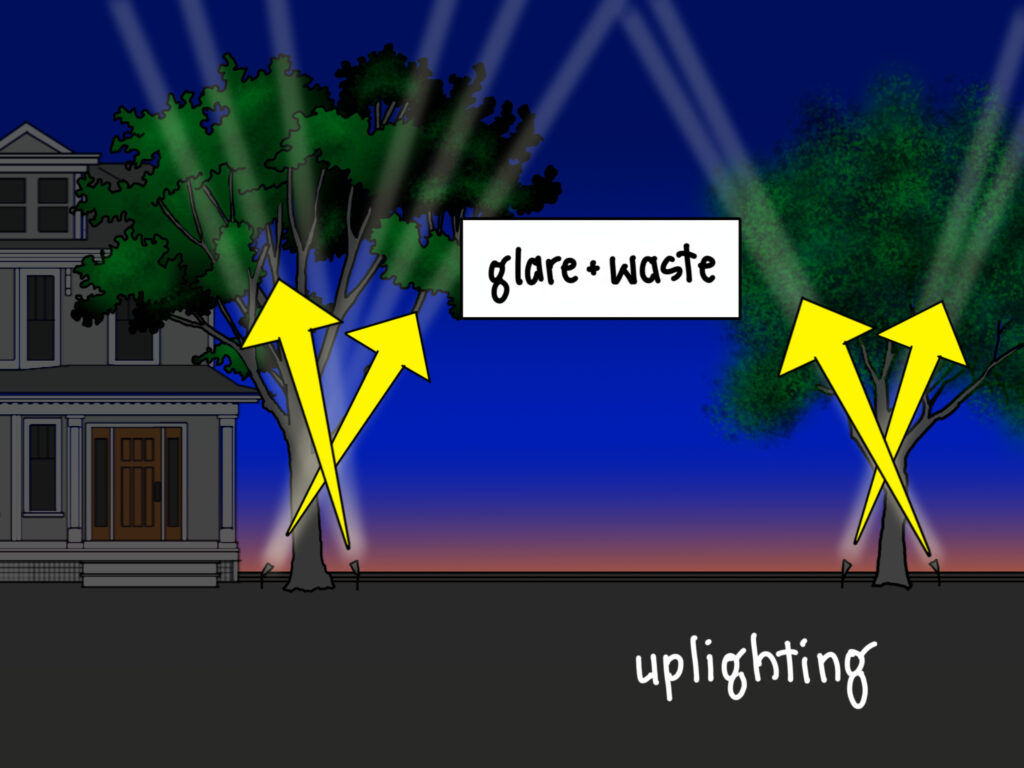 An illustration of the yard of a house at dusk with searchlight style uplights in front of the two trees in the yard with arrows pointing up with the light and a label that says "glare + waste"