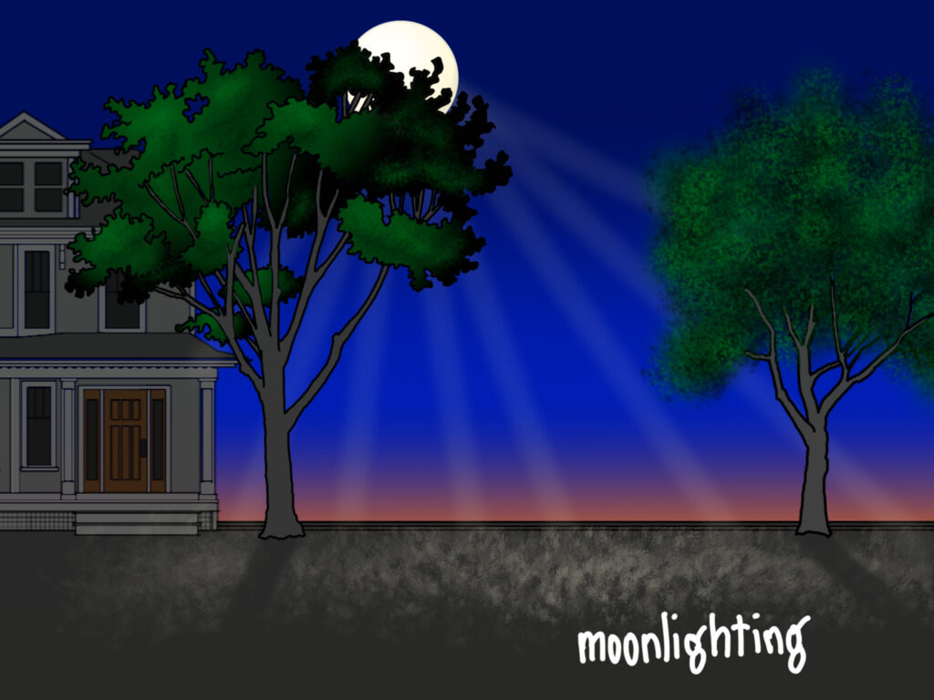 An illustration of moonlight cast through two trees in a front yard at dusk