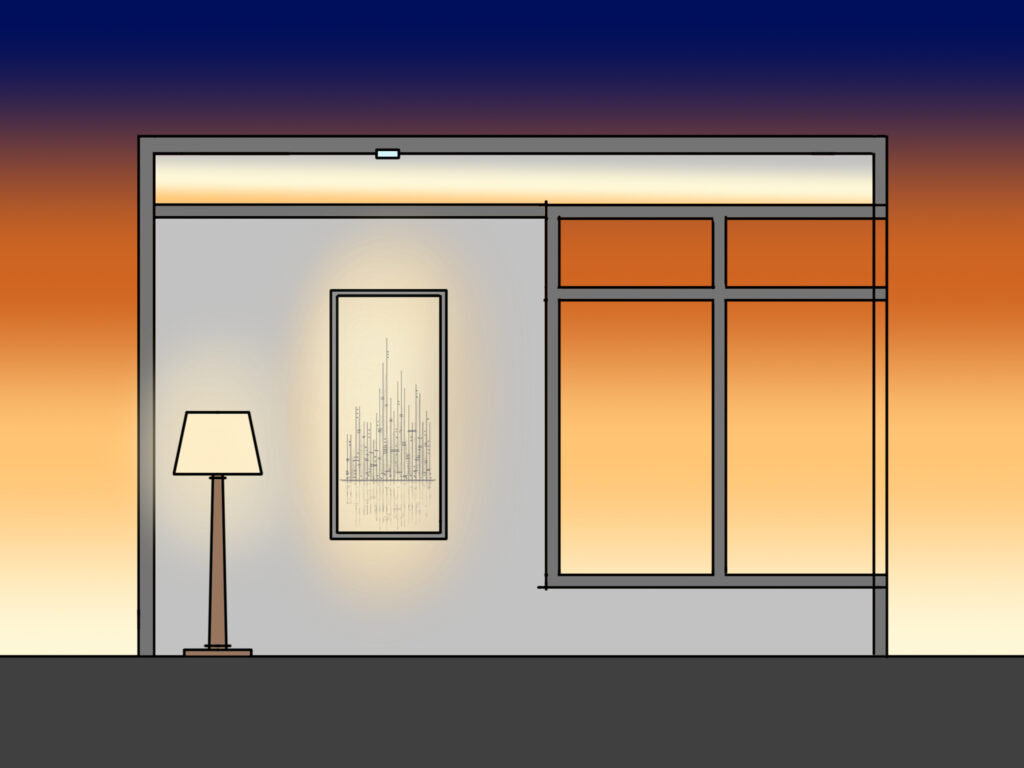 A home interior wall used to illustrate the harmony of yellow light against the yellows and reds of a sky at sunset/sunrise