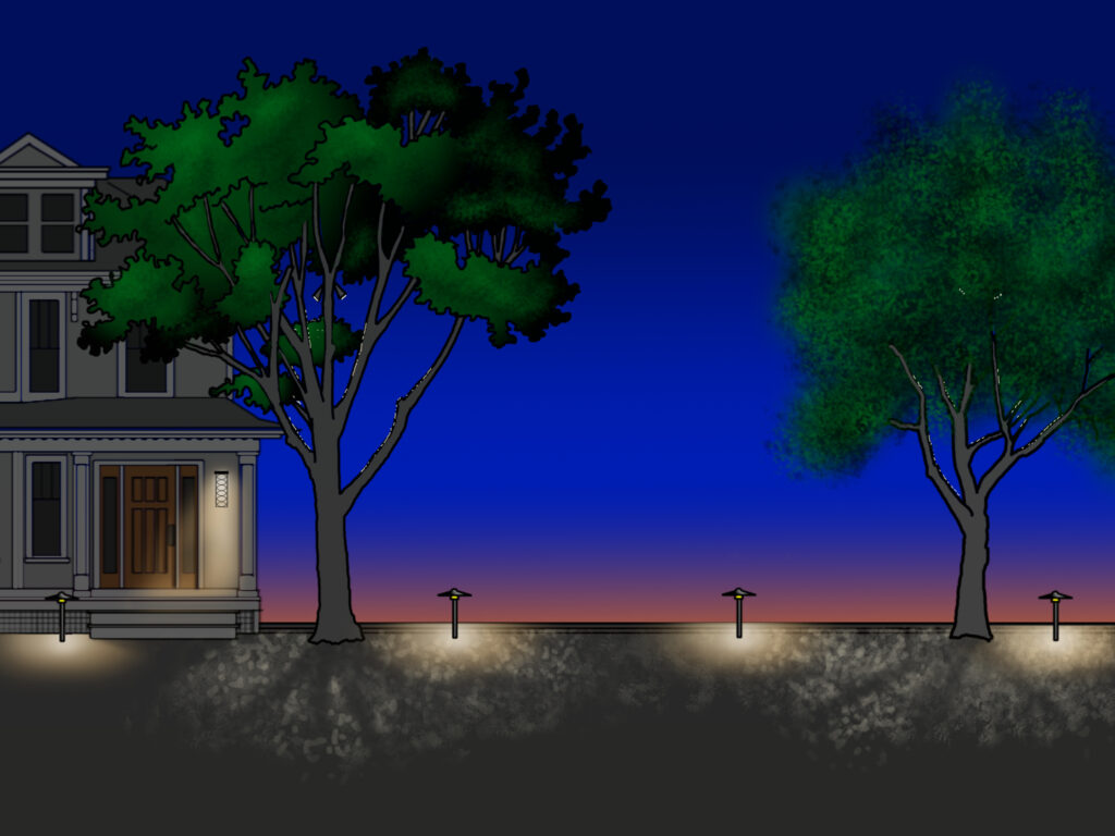 An illustration of a house at dusk with a porch light, lights in two trees out front and several path lights