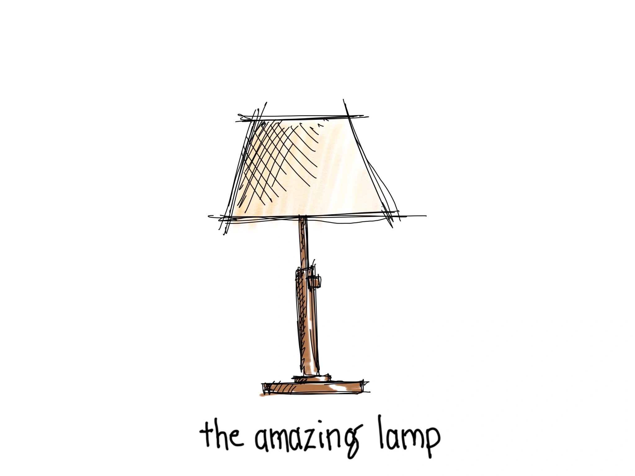 An illustration of a standard lamp with a thin stem and a lampshade. Text underneath reads "the amazing lamp"
