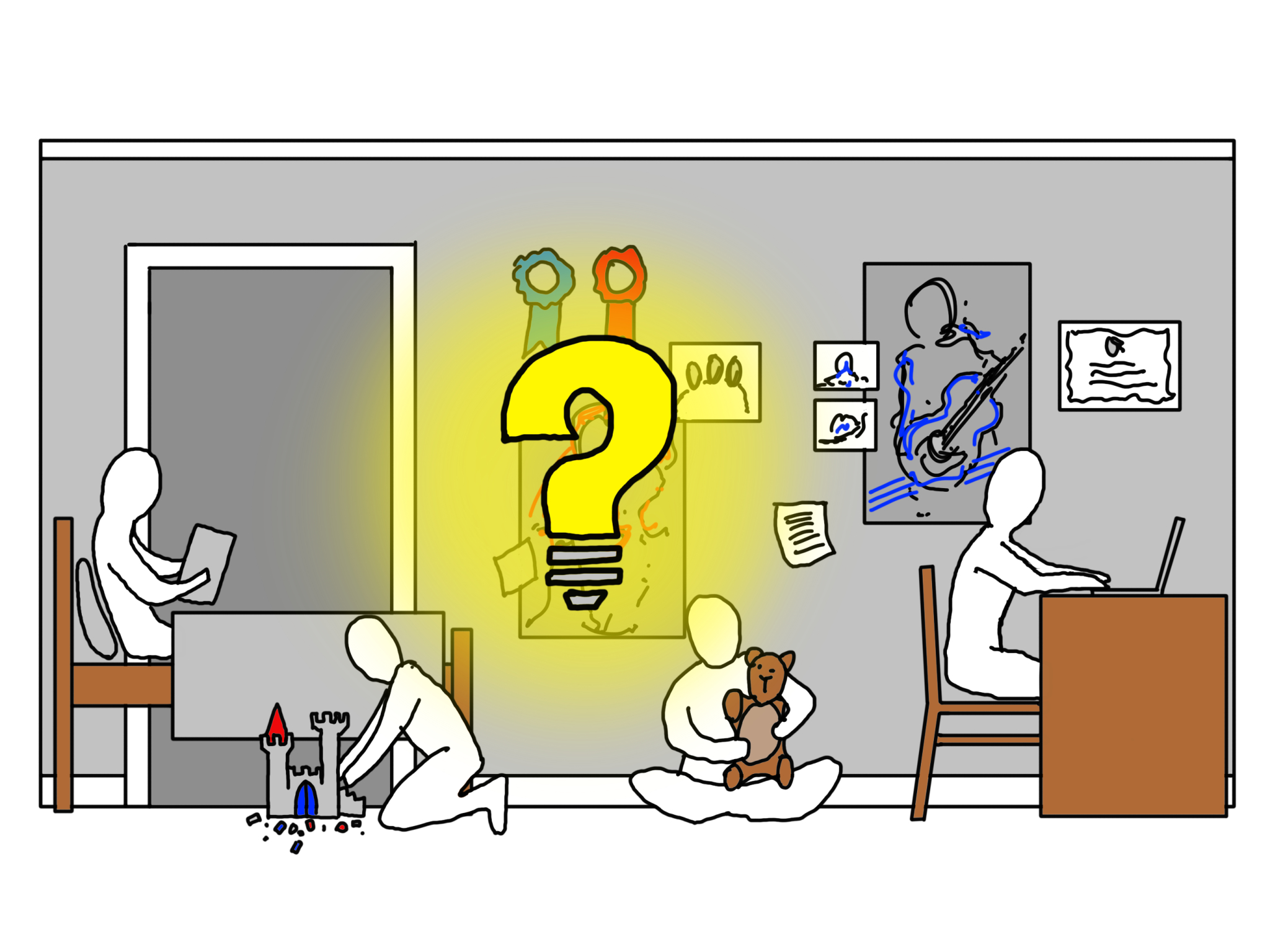 An illustration of a kid's bedroom with a big question mark shaped like a lightbulb overlayed on top of it