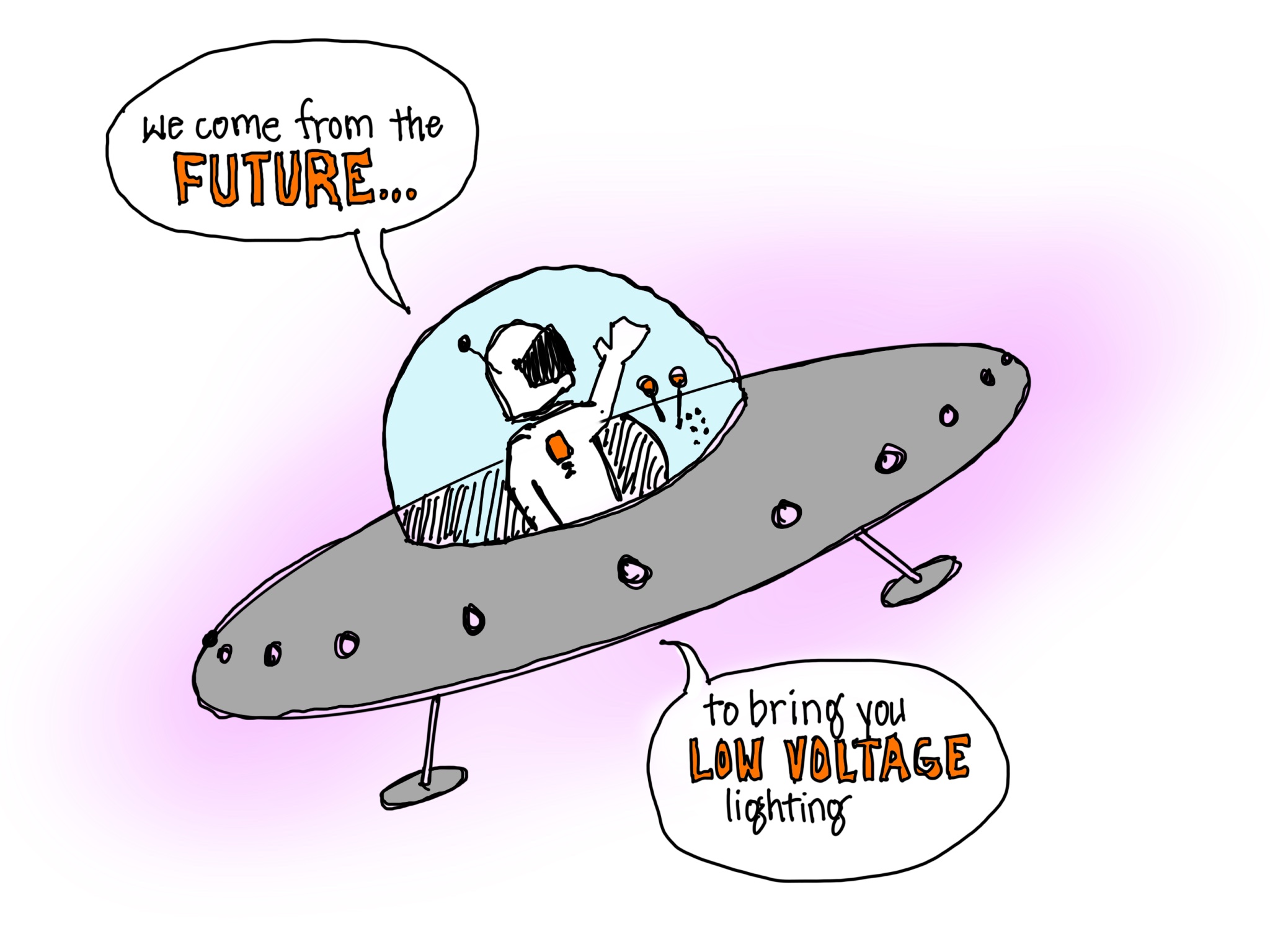 An illustration of an astronaut in a flying saucer with a glass dome. The top speech bubble reads "We come from the FUTURE..." and the bottom bubble reads "to bring you LOW VOLTAGE lighting." The words FUTURE and LOW VOLTAGE are bold and red. The astronaut looks very friendly.