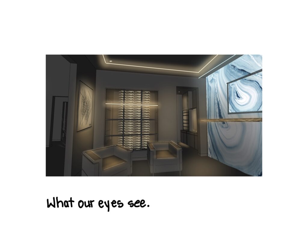 A picture of a living room made in CAD with a lighting bar around the ceiling and along a window in the back wall. Two boxy chairs are on the floor. Text below the image reads "what our eyes see."