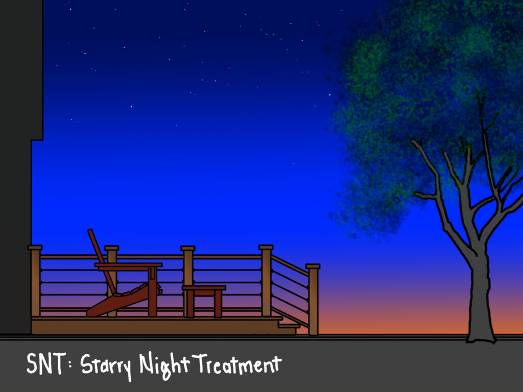 An illustration of a deck at night labelled "(SNT: Starry Night Treatment"
