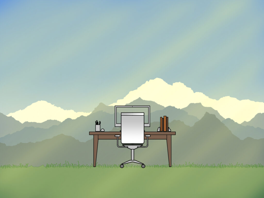 An illustration of a home office desk that's outdoors in the grass with a view of mountains and sunlight pouring down