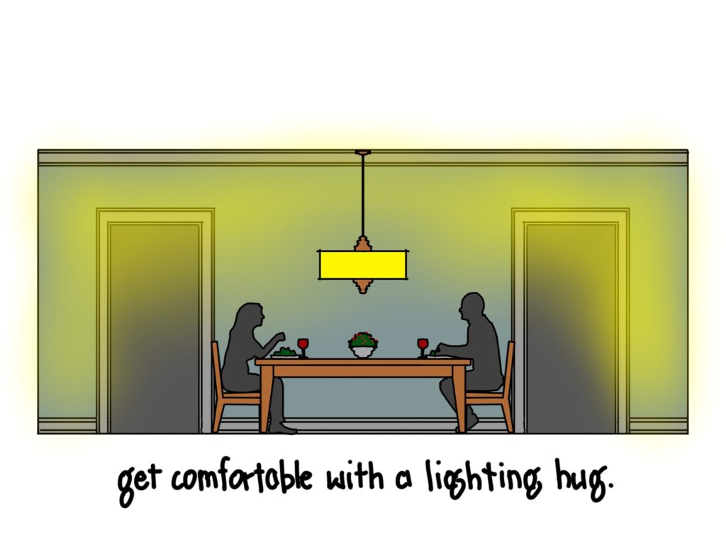 Two silhouetted figures sit at a dining table, depicted in profile. There is a door behind each figure, one on each side of the image. There is a chandelier above the table. An arch of yellow light curves over the figures and chandelier. Script text below the image reads "get comfortable with a lighting hug."