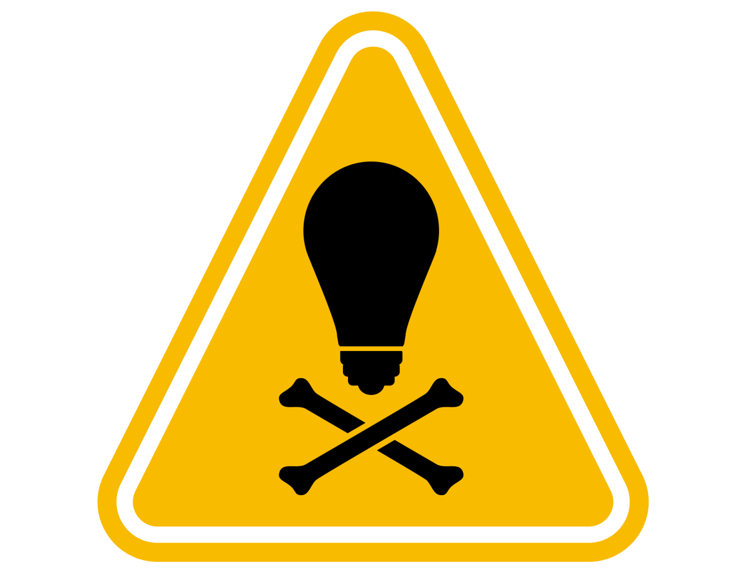 A yellow triangular warning sign with a lightbulb symbol and crossbones below it.