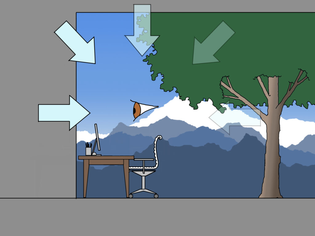 An illustration of an office desk & chair with a full wall view of the outdoors and a floating eyeball