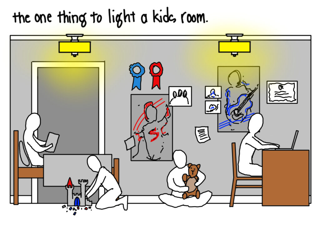 An illustration labelled "one thing to light a kids room" and a kids room with two ceiling lights illuminated