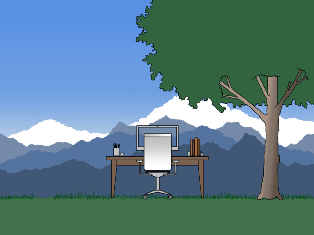 An illustration of a home office desk that's outdoors in the grass underneath a tree, with a view of mountains 