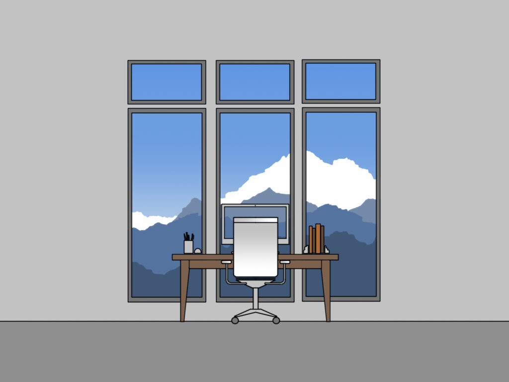 An illustration of a home office desk that's in front of three large windows with a view of mountains
