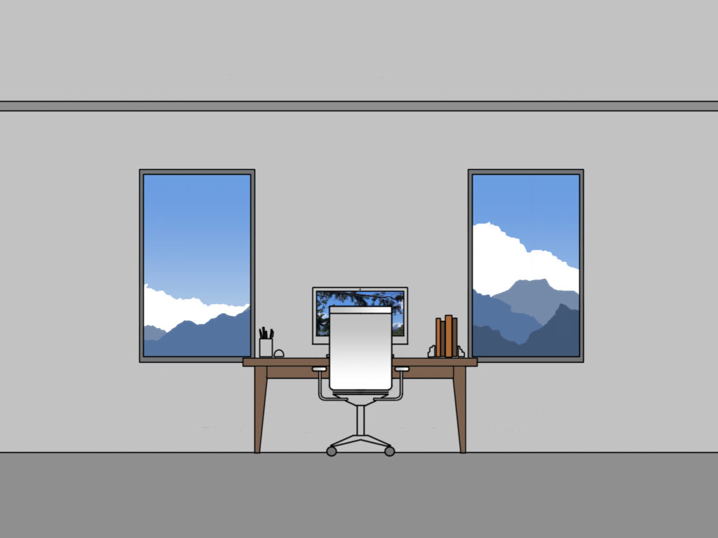 An illustration of a home office desk that's between two large windows with a view of mountains
