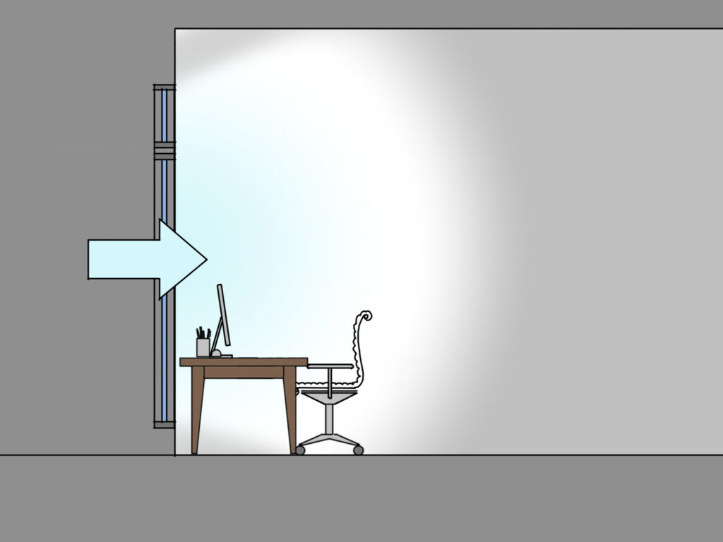 An illustration of an office desk & chair with a window right behind the computer on the desk