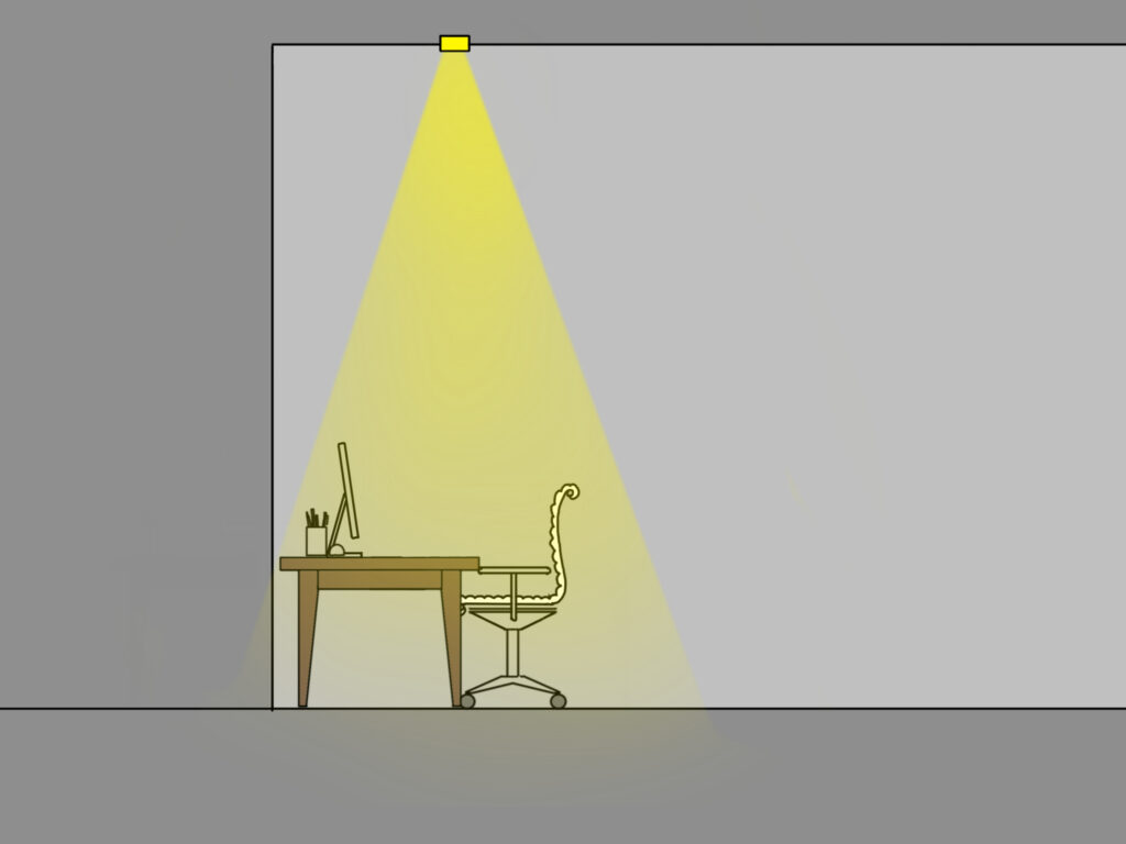An illustration of an office desk & chair with a light right above it 