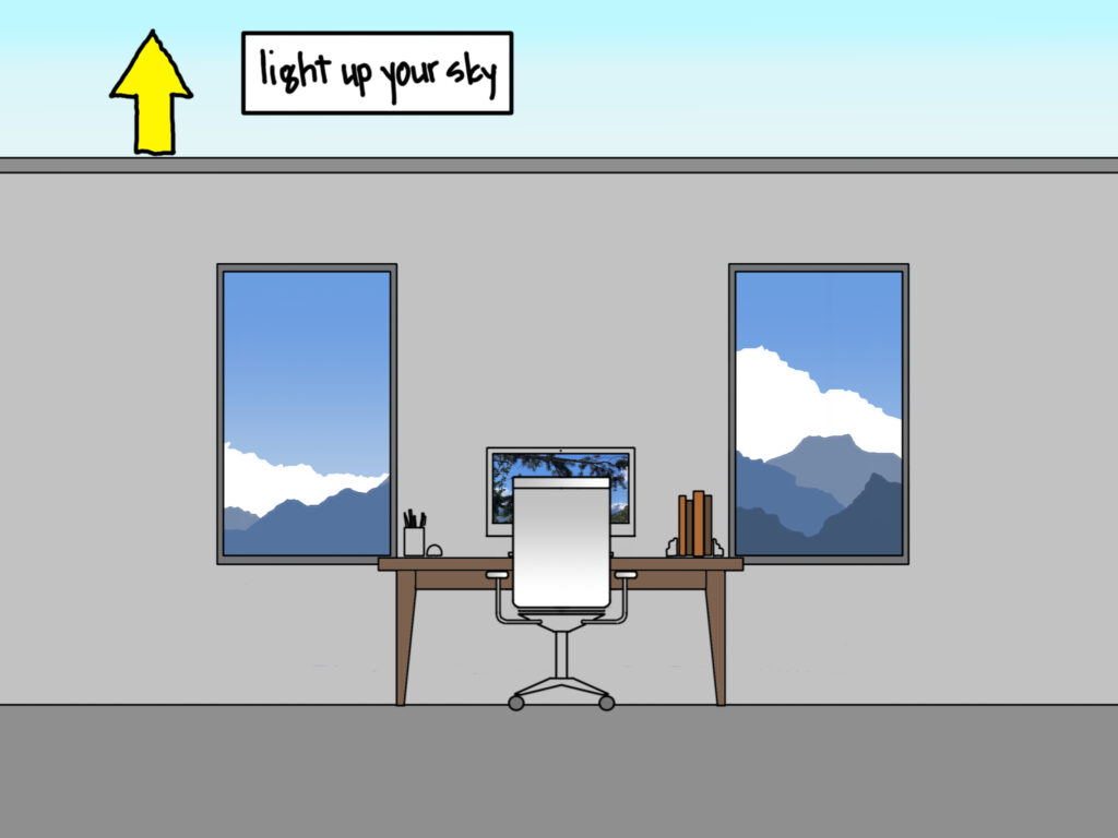 An illustration of a home office desk that's between two large windows with a view of mountains. The ceiling in light blue with a label "light up your sky"