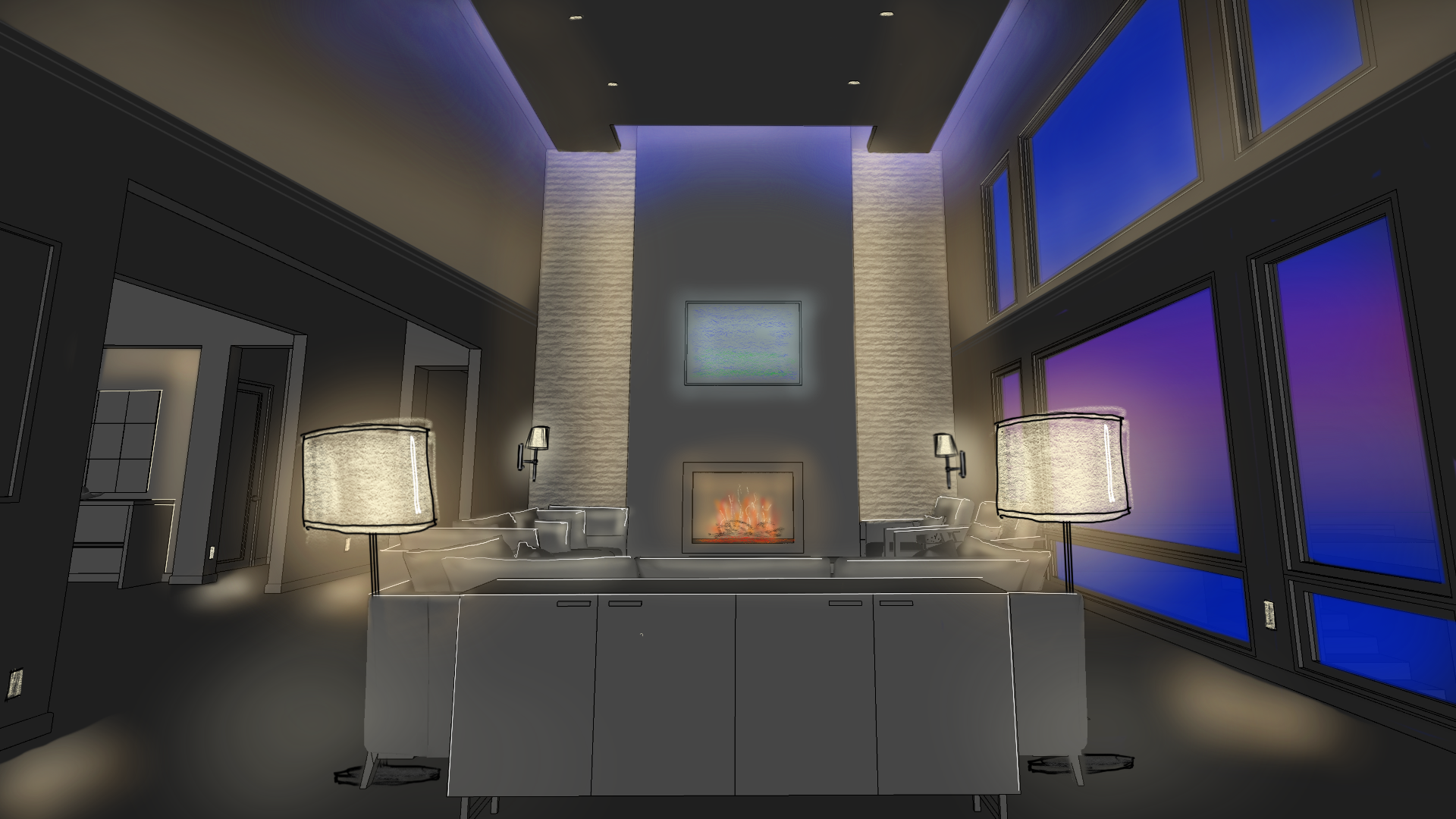 A rendering of a living room with an emphasis on the lighting design