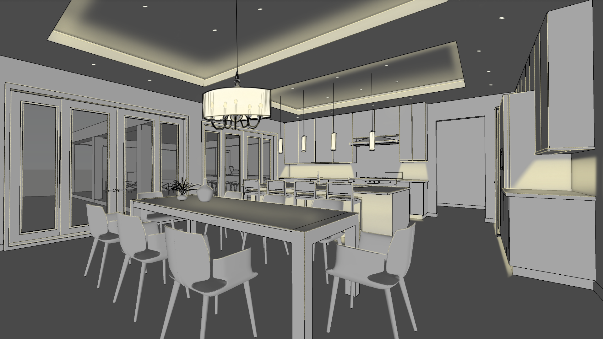 A rendering of a kitchen with emphasis on the lighting