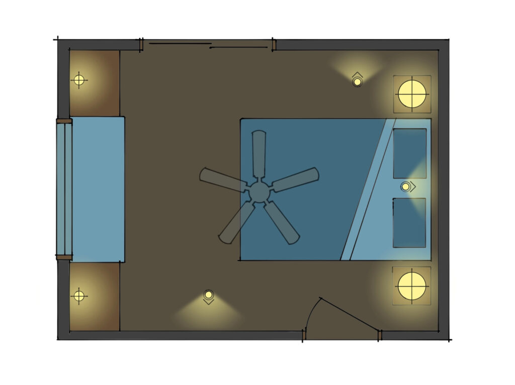 A floor plan of a bedroom with four lights near each corner of the room and three lights pointed at the wall