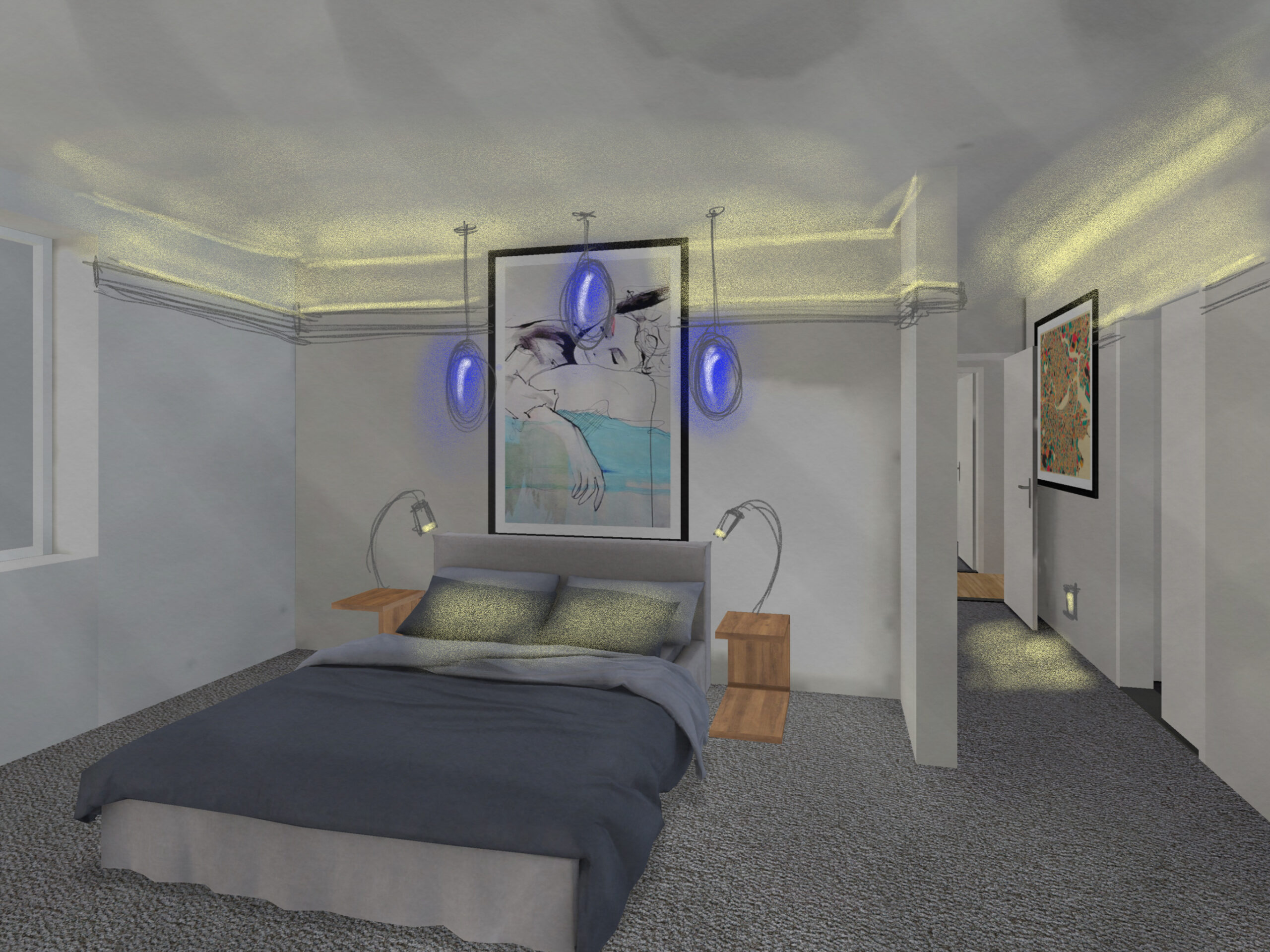 A CAD design of a bedroom with hand drawn lighting features providing places where light can improve the function of the bedroom. The features include three pendants over the pillows on the bed, two night lamps on either side of the bed, a nightlight in the hallway, and cove lighting along the top of the walls