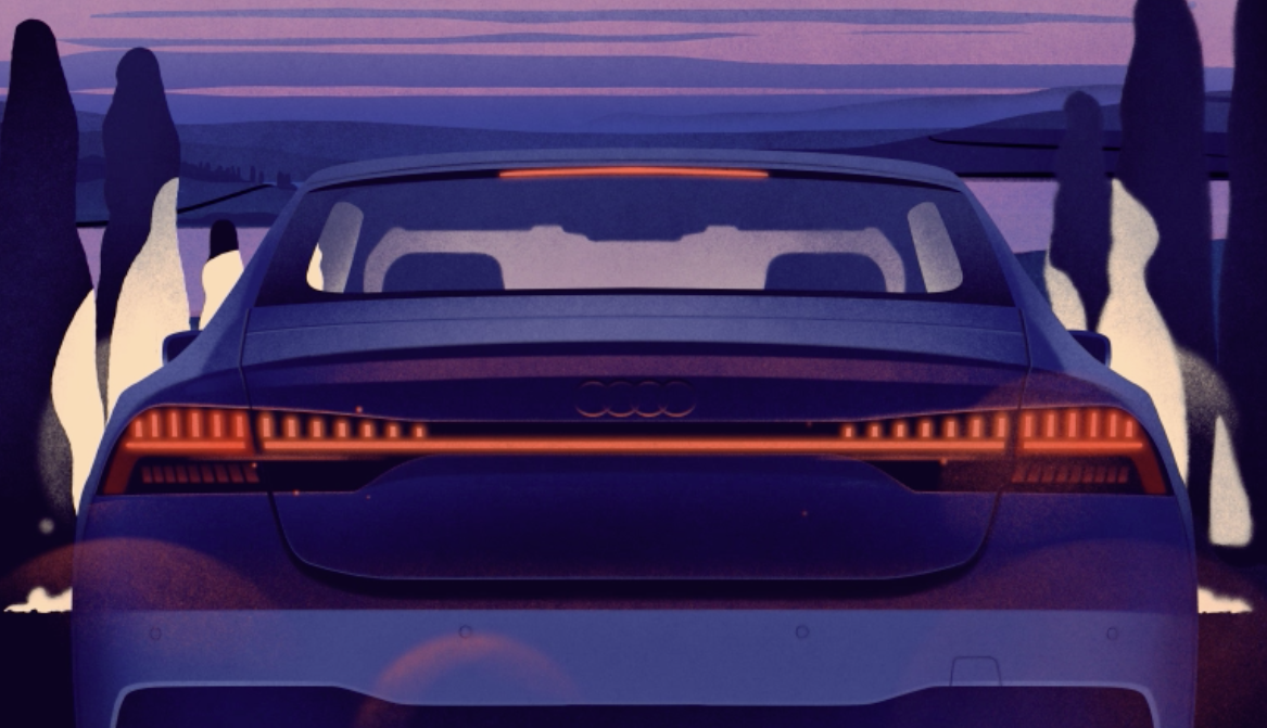 An illustration of a car going down a tree lined road at dusk, viewed from the back