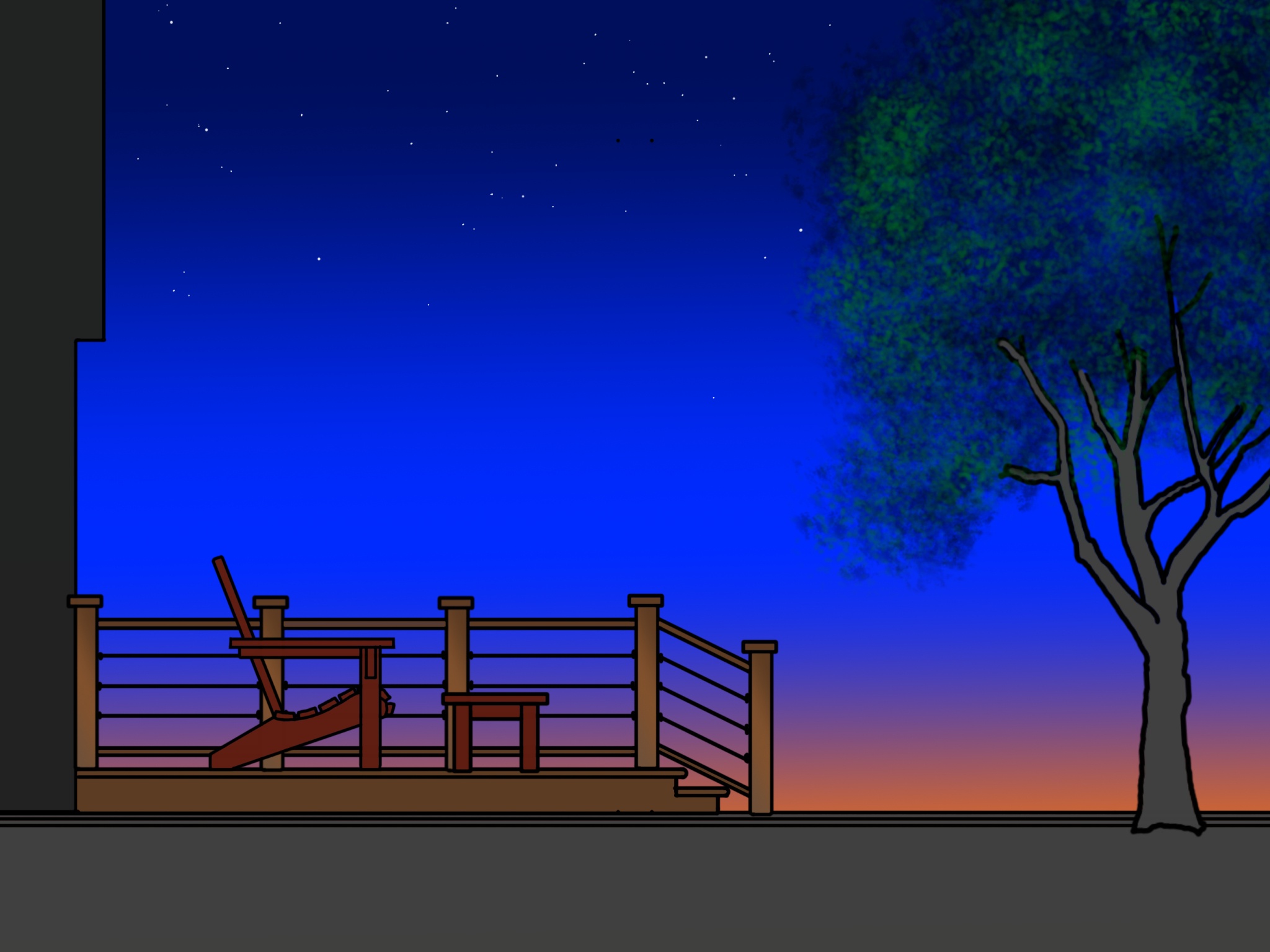 An illustration of a deck at dusk