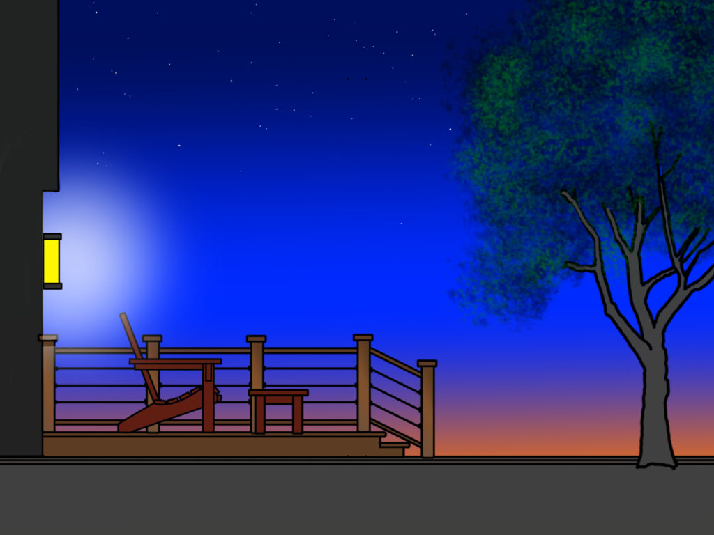 An illustration of a deck with a lighted wall sconce at dusk