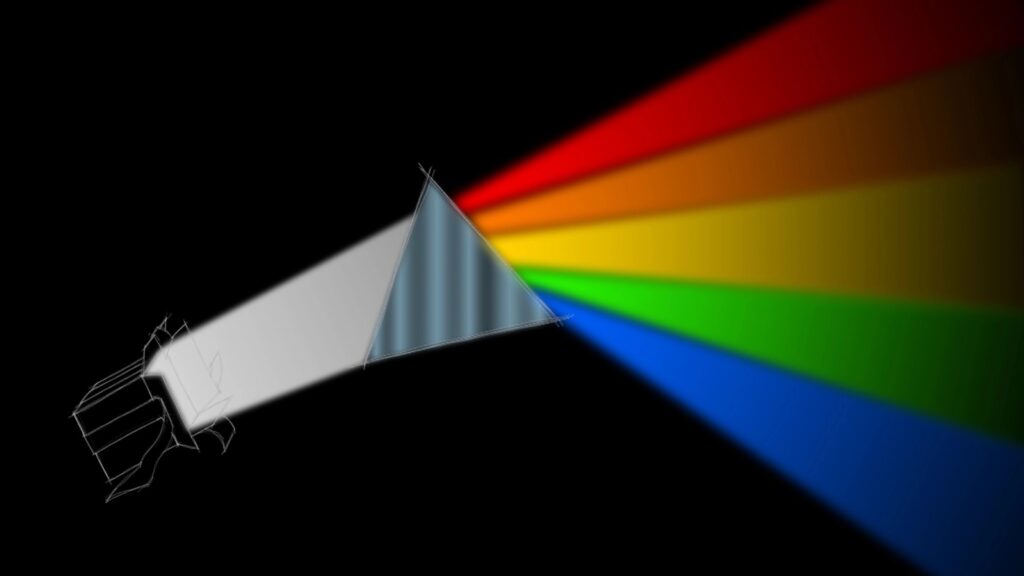 A graphic representation of a light shining into a prism and the prism turning the white light into a rainbow