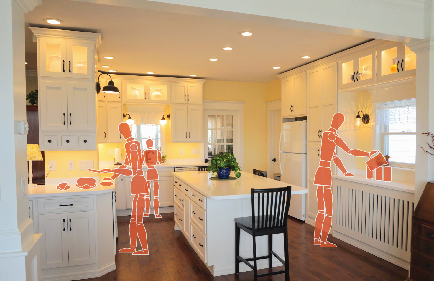 A brightly lit modern kitchen with drawings of three people doing various tasks in it