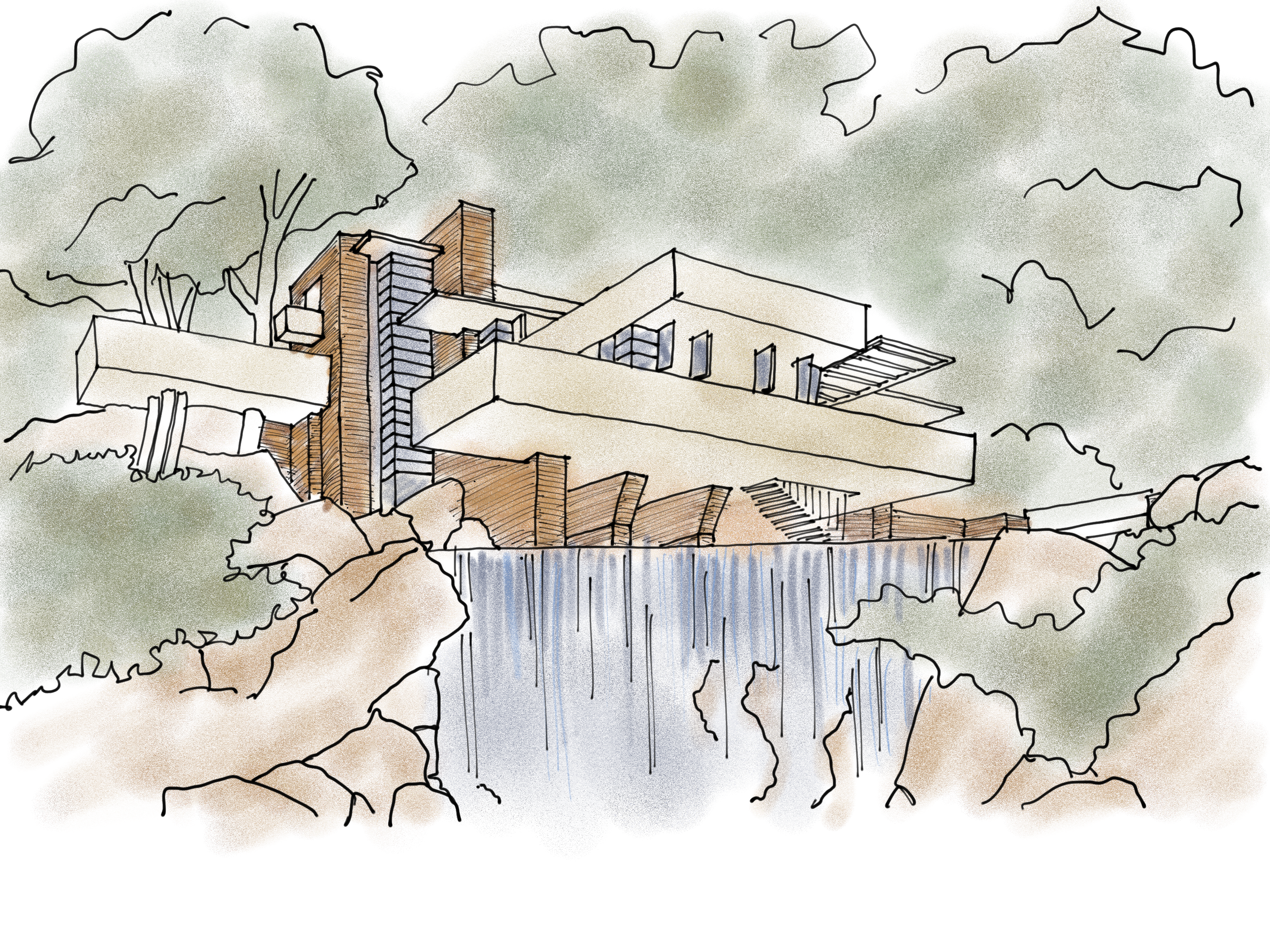 A graphic illustration of the Fallingwater house by architect Frank Lloyd Wright.