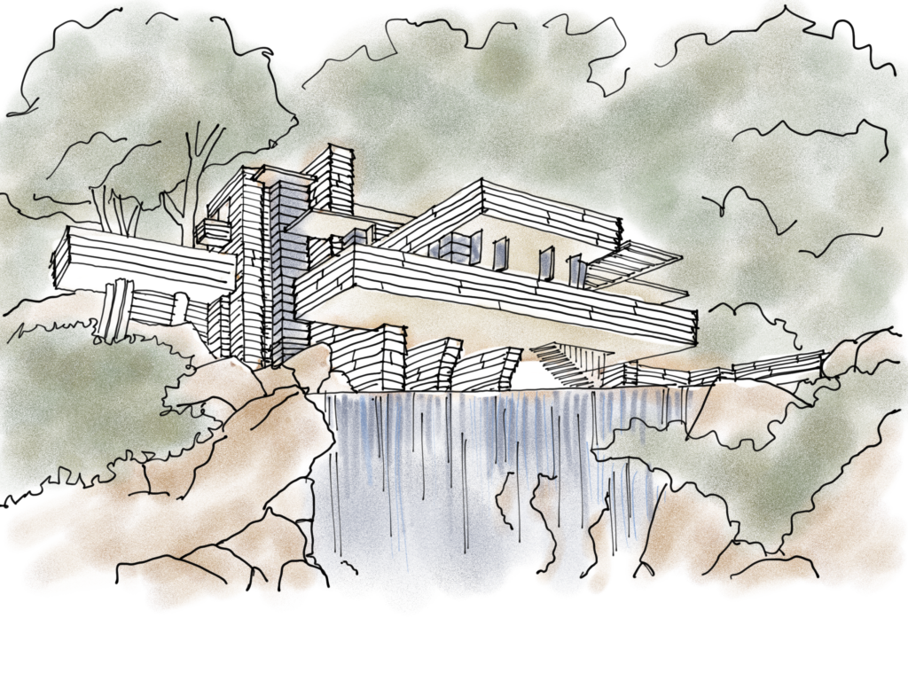 A graphic illustration of the Fallingwater house by architect Frank Lloyd Wright, this time with vinyl siding.