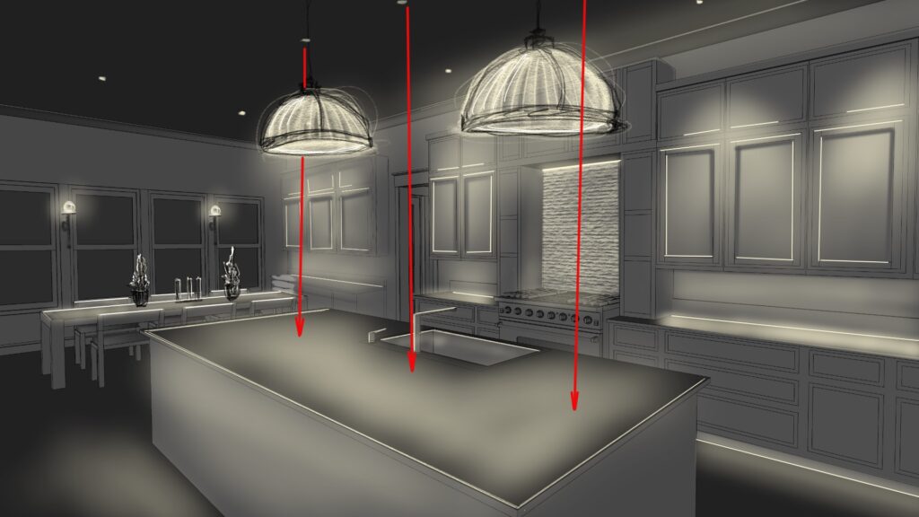A CAD recreation of a kitchen with a big island, cabinets, and a dining table behind the island. Two lamps hanging from the ceiling illuminate the island. Three red arrows call out ceiling lights that also illuminate the island.