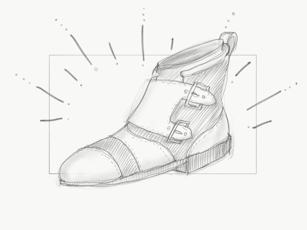 Sketch of a funky looking boot with lines indicating that the shoe is somehow glowing