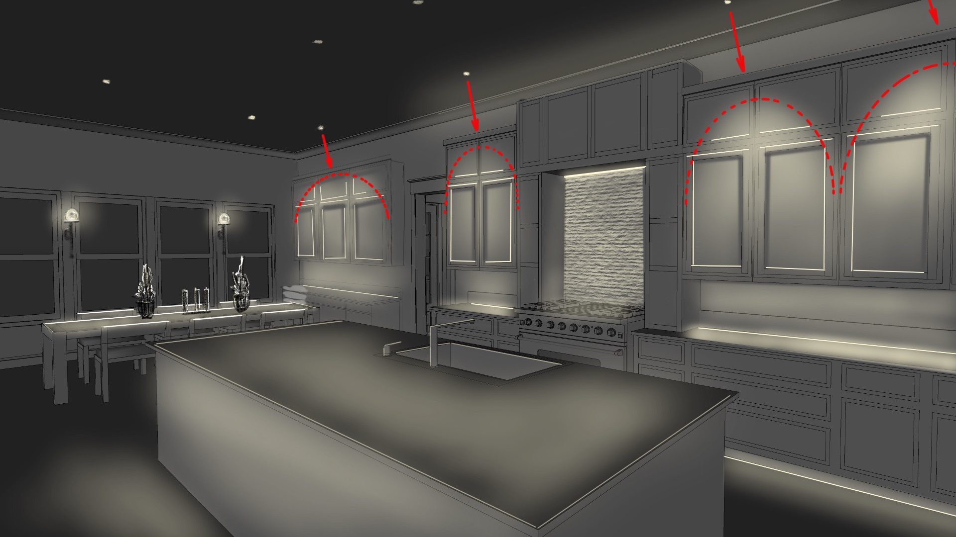A CAD recreation of a kitchen with a big island, cabinets, and a dining table behind the island. The cabinets over the counter are highlighted with lights directed downwards, which are emphasized by red dotted lines and arrows pointing to the lighted area