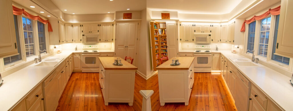 The same kitchen lit two different ways, the update is on the right.