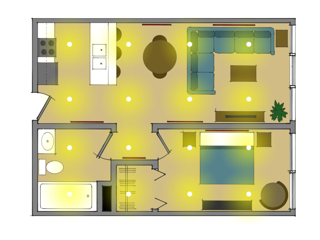 A furnished floorplan with a grid of lights illuminating all the surfaces.