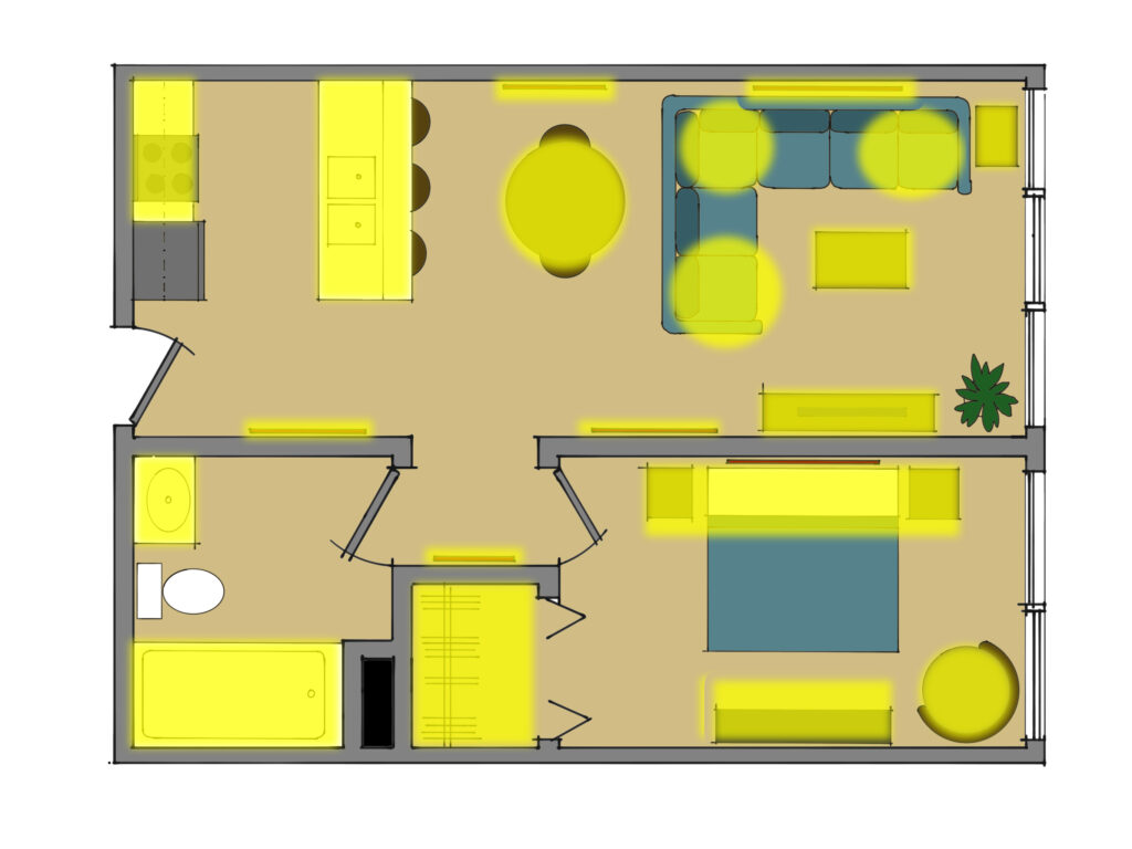 A furnished floorplan with places in need of illumination highlighted in yellow.