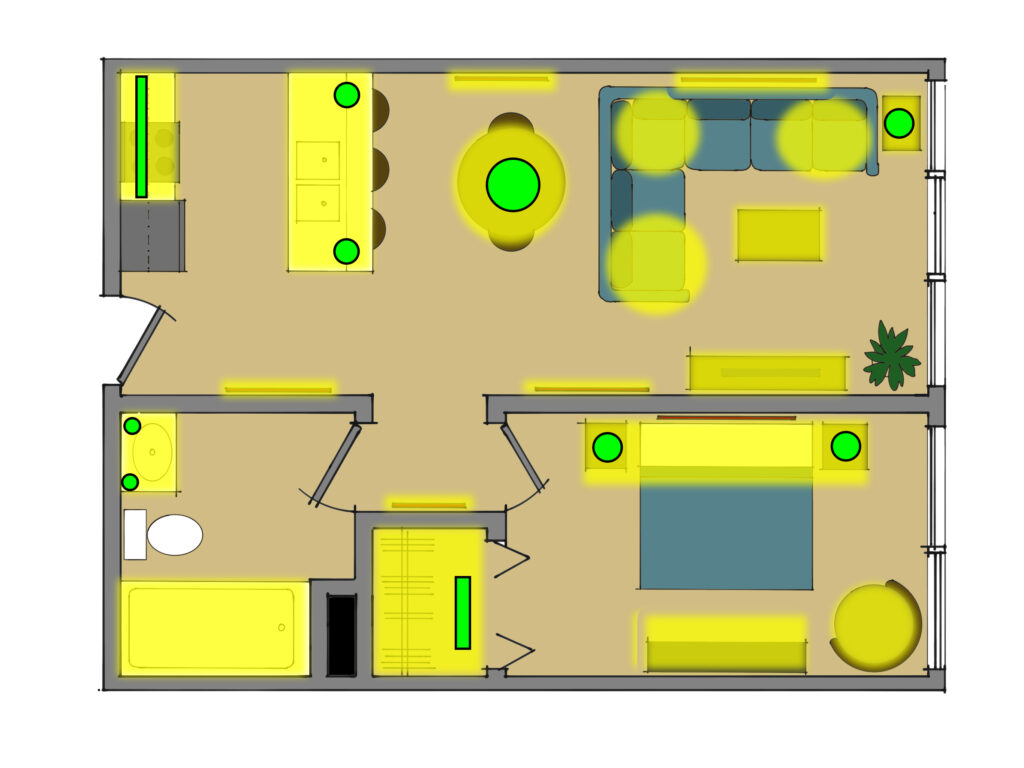 A furnished floorplan with places in need of illumination highlighted in yellow. Several crucial points are noted with green dots.