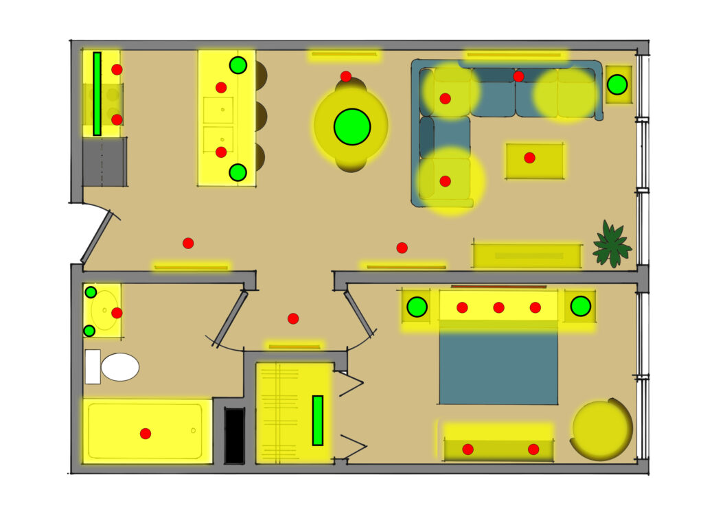 A furnished floorplan with places in need of illumination highlighted in yellow. Several crucial points are noted with green dots. Other important points are noted with red dots.