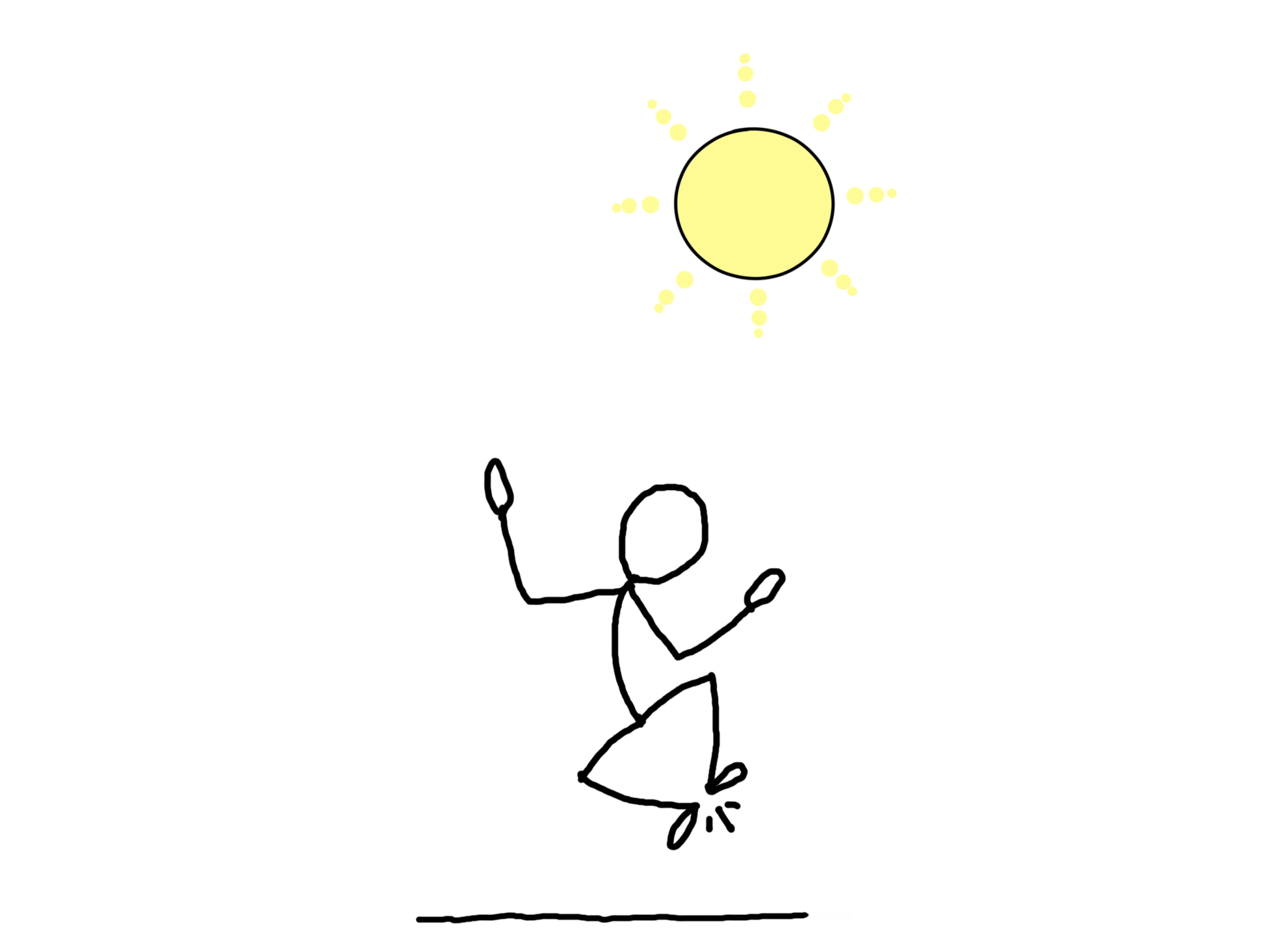 Drawing: A stick figure clicking it's heals with a sun shining above