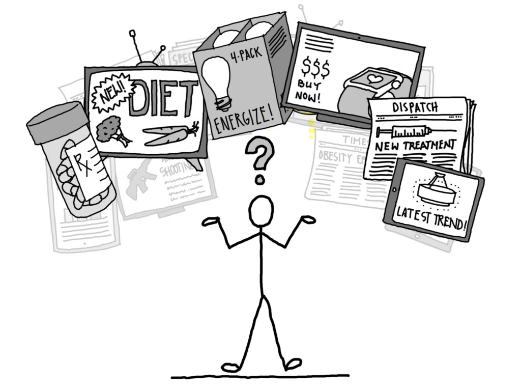 Drawing of a shrugging stick figure with a question mark above its head. Confusing headlines about diets and medications hover above it.