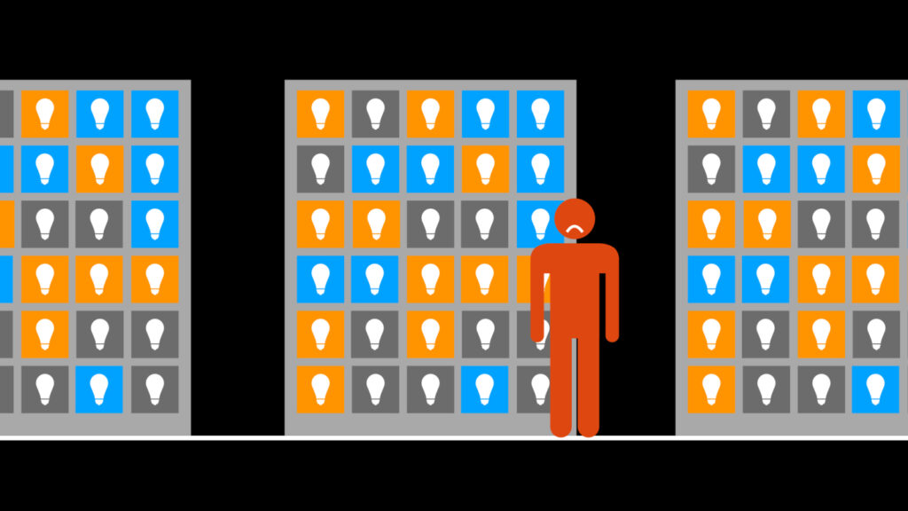An illustration of a red person with a frown standing in front of three wall high squares with a grid of light bulb icons with different colored boxes