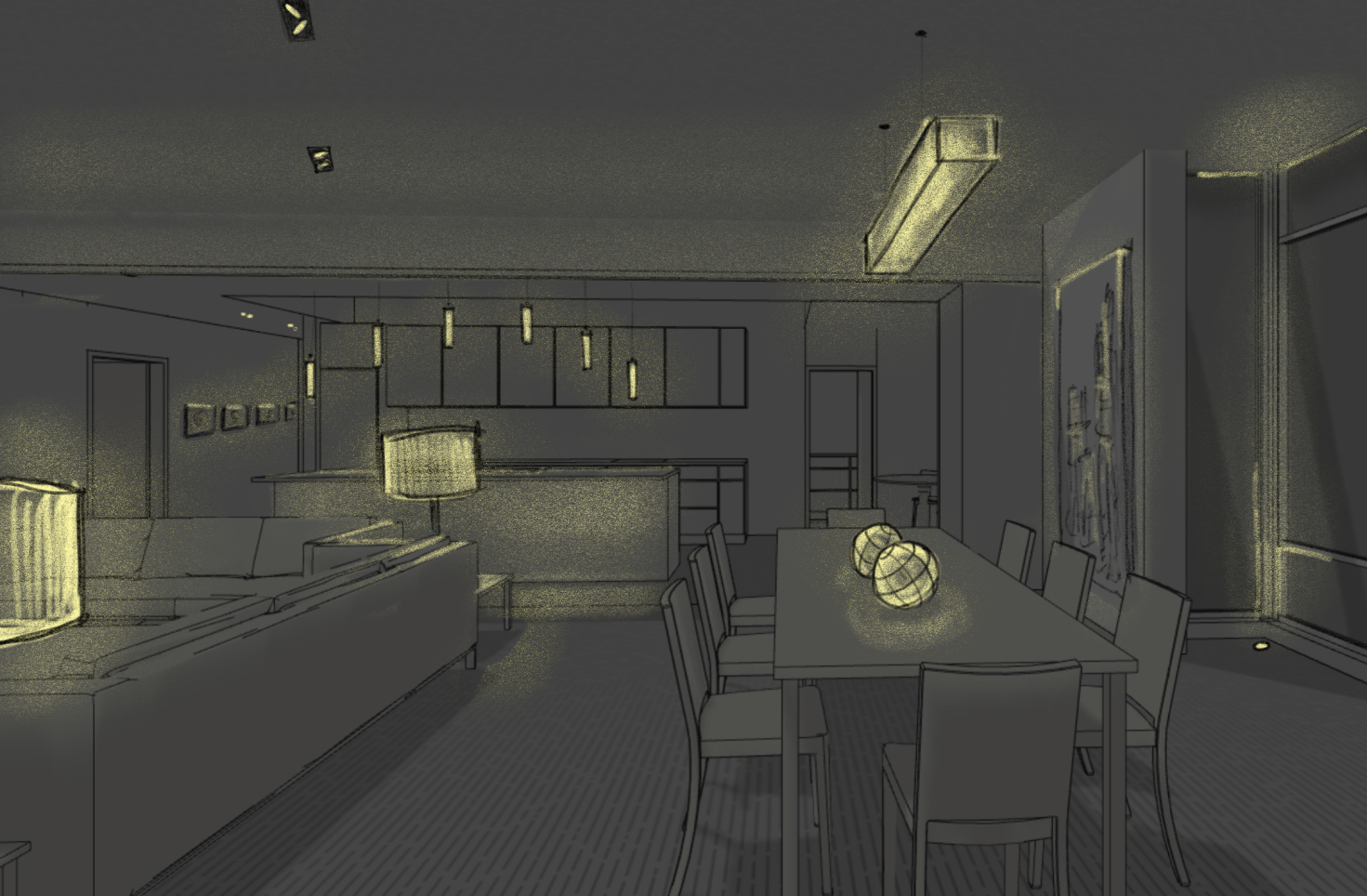 A digital sketch of a living room and dining area with focus on adding soft lighting elements