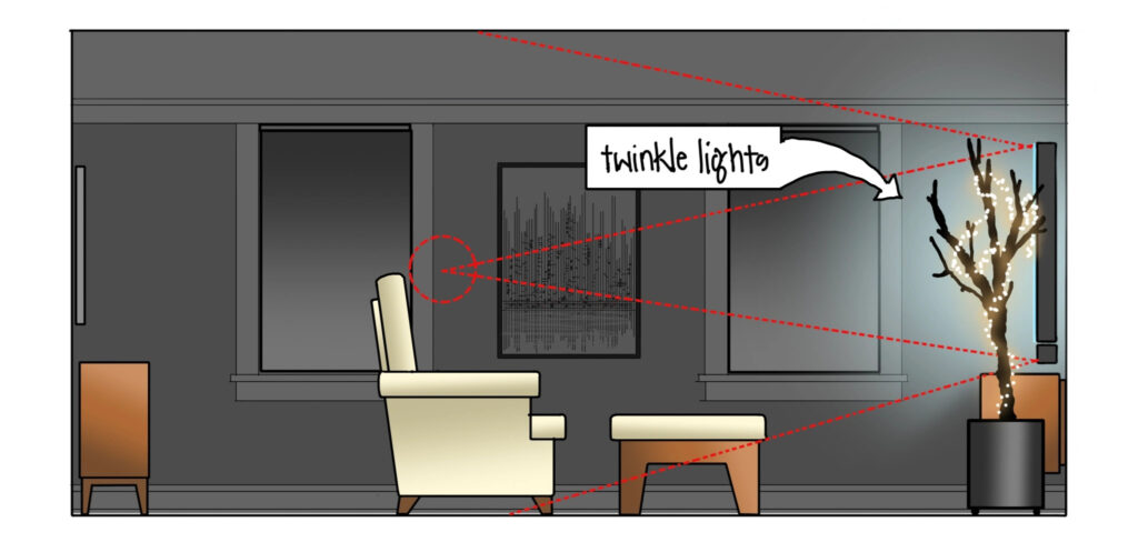 An illustration of a living room with a chair in front of a TV that's next to a tree with lights on it with a word bubble saying "twinkle lights"